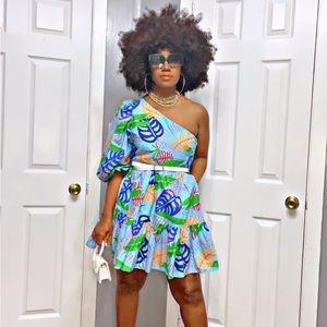 One sleeve, floral print dress